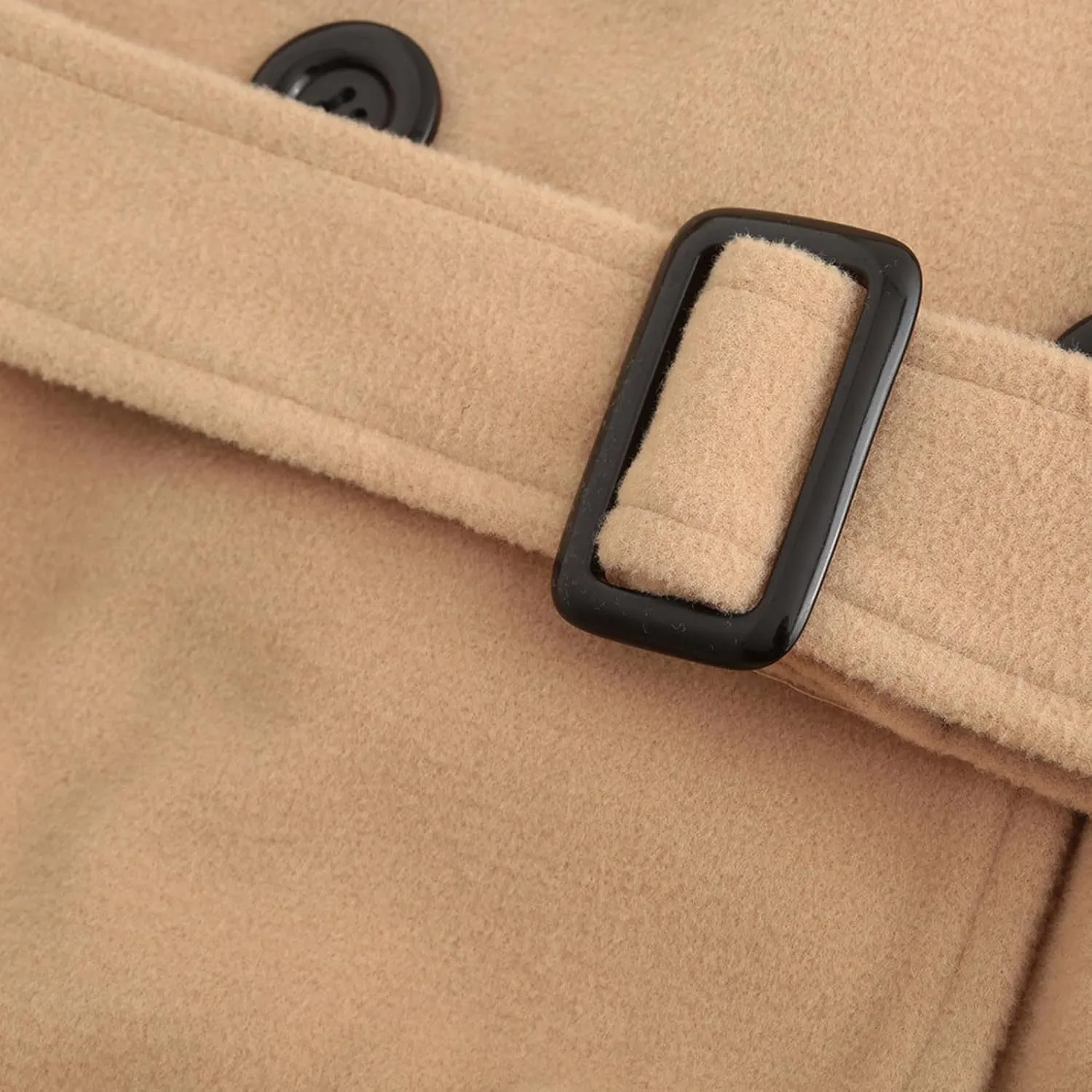 Women Fashion Lapel Double-Breasted Wool Trench Coat Winter Warm Long Sleeve Jacket A-Line Ruffle Hem Outwear with Belt