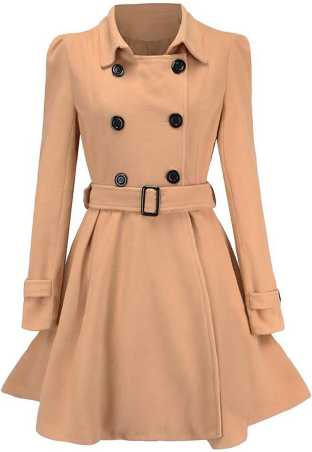 Women Fashion Lapel Double-Breasted Wool Trench Coat Winter Warm Long Sleeve Jacket A-Line Ruffle Hem Outwear with Belt