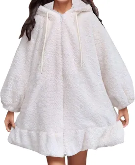 Womens 2024 Cute Zip Drawstring Fleece Coat Long Sleeve with Bunny Hood Outwear Casual Warm Soft Overcoat Home Clothes