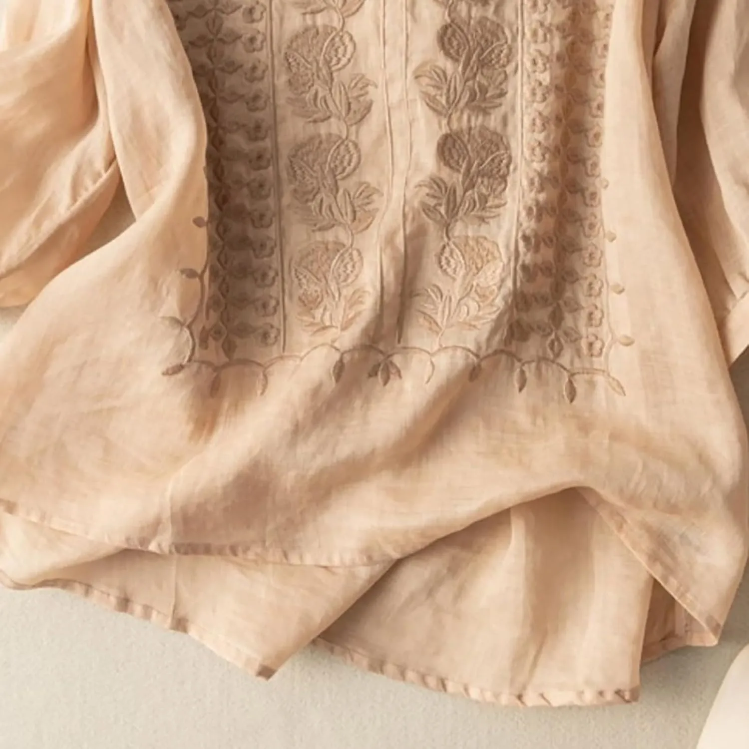 Womens Linen Shirt Short Sleeve Shirts Summer Loose Crew Neck Casual Boho Top Vintage Embroidered Outfits Blouse