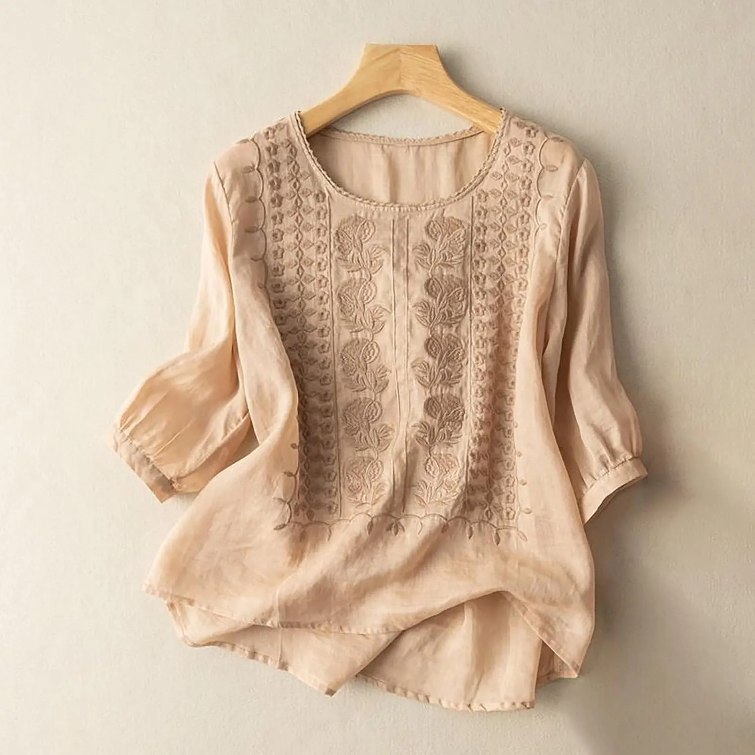 Womens Linen Shirt Short Sleeve Shirts Summer Loose Crew Neck Casual Boho Top Vintage Embroidered Outfits Blouse