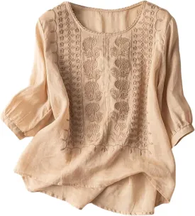 Womens Linen Shirt Short Sleeve Shirts Summer Loose Crew Neck Casual Boho Top Vintage Embroidered Outfits Blouse