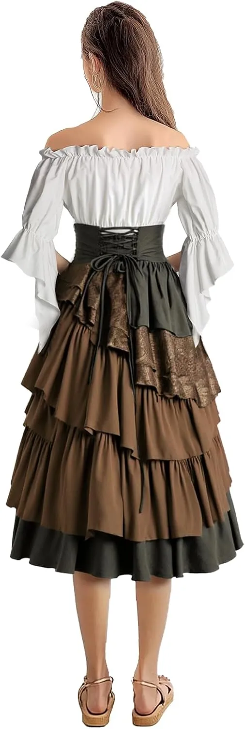Women's Pirate Costume Retro Renaissance Cosutmes Women Layered Ruffle Viking Outfit Set