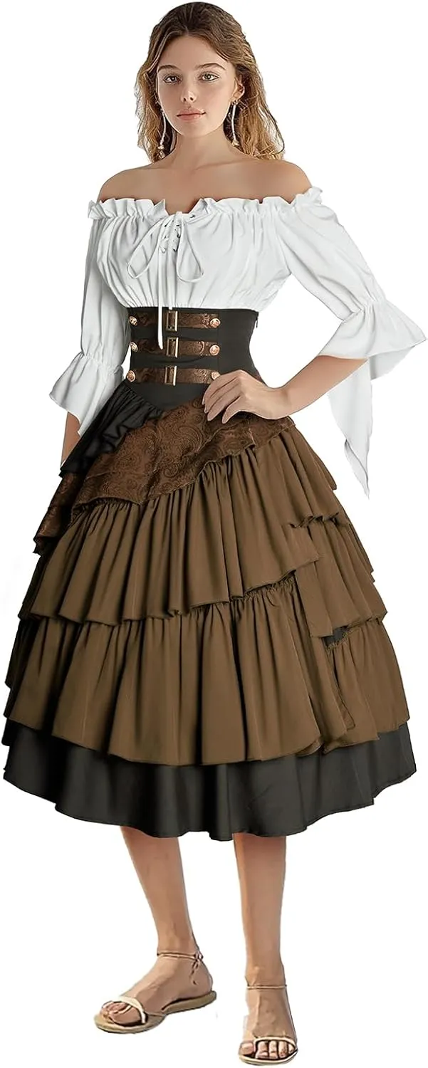 Women's Pirate Costume Retro Renaissance Cosutmes Women Layered Ruffle Viking Outfit Set