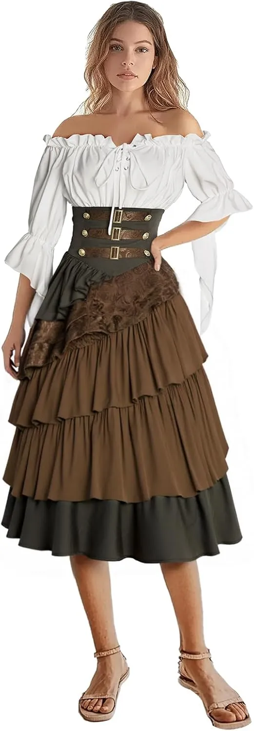 Women's Pirate Costume Retro Renaissance Cosutmes Women Layered Ruffle Viking Outfit Set