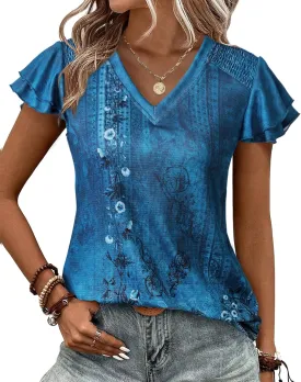 Womens Ruffle Sleeve Tops Summer Dressy Casual V Neck Tunics for Leggings Sleeveless Blouses Shirts