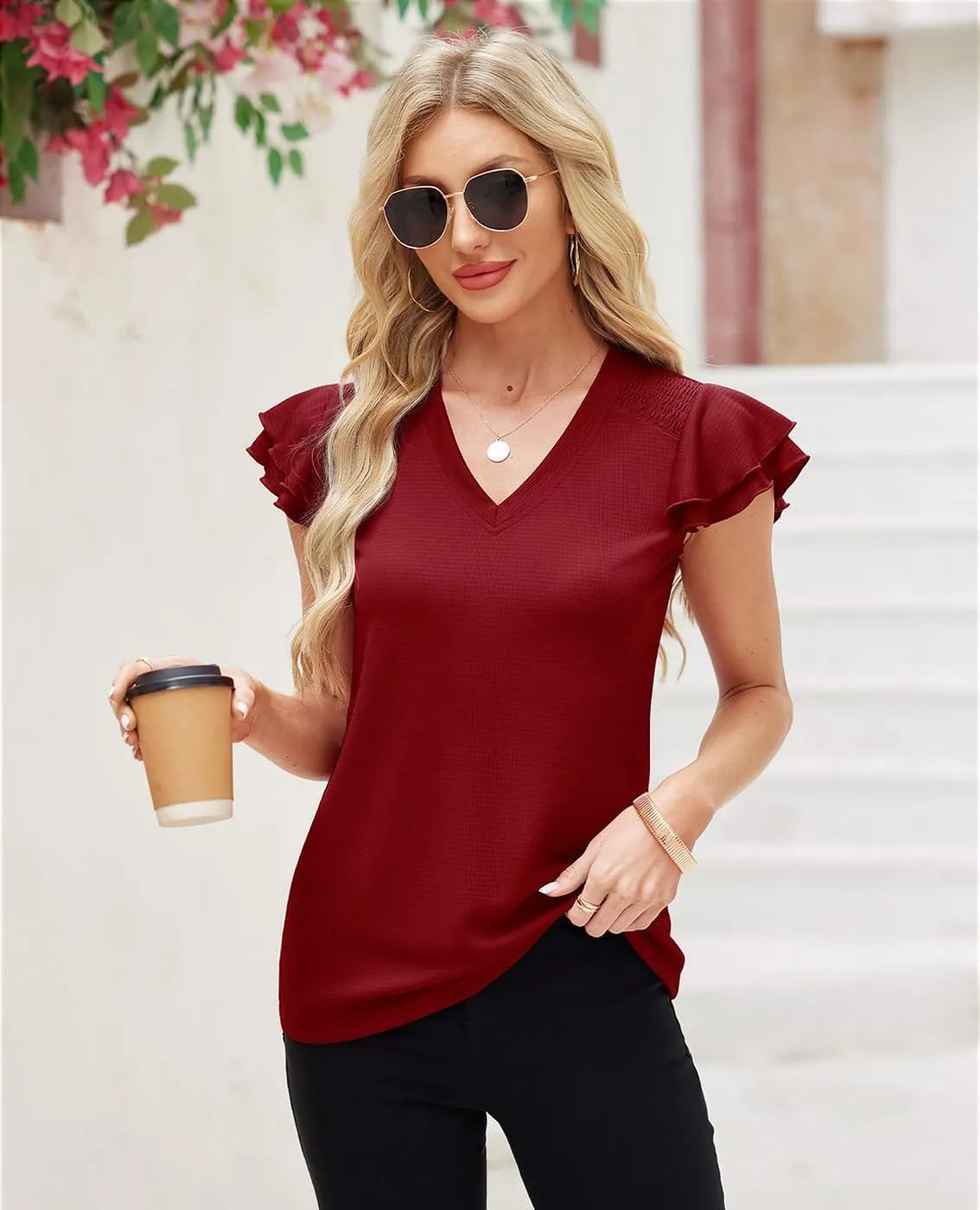 Womens Ruffle Sleeve Tops Summer Dressy Casual V Neck Tunics for Leggings Sleeveless Blouses Shirts