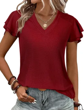 Womens Ruffle Sleeve Tops Summer Dressy Casual V Neck Tunics for Leggings Sleeveless Blouses Shirts