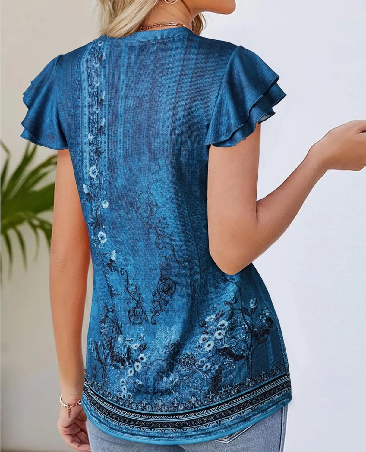 Womens Ruffle Sleeve Tops Summer Dressy Casual V Neck Tunics for Leggings Sleeveless Blouses Shirts
