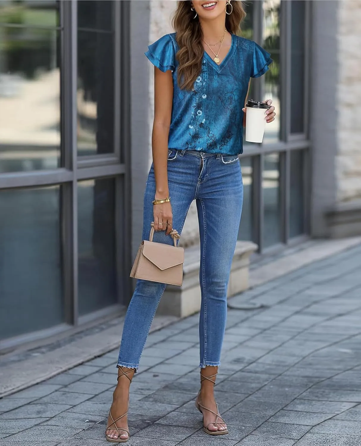 Womens Ruffle Sleeve Tops Summer Dressy Casual V Neck Tunics for Leggings Sleeveless Blouses Shirts