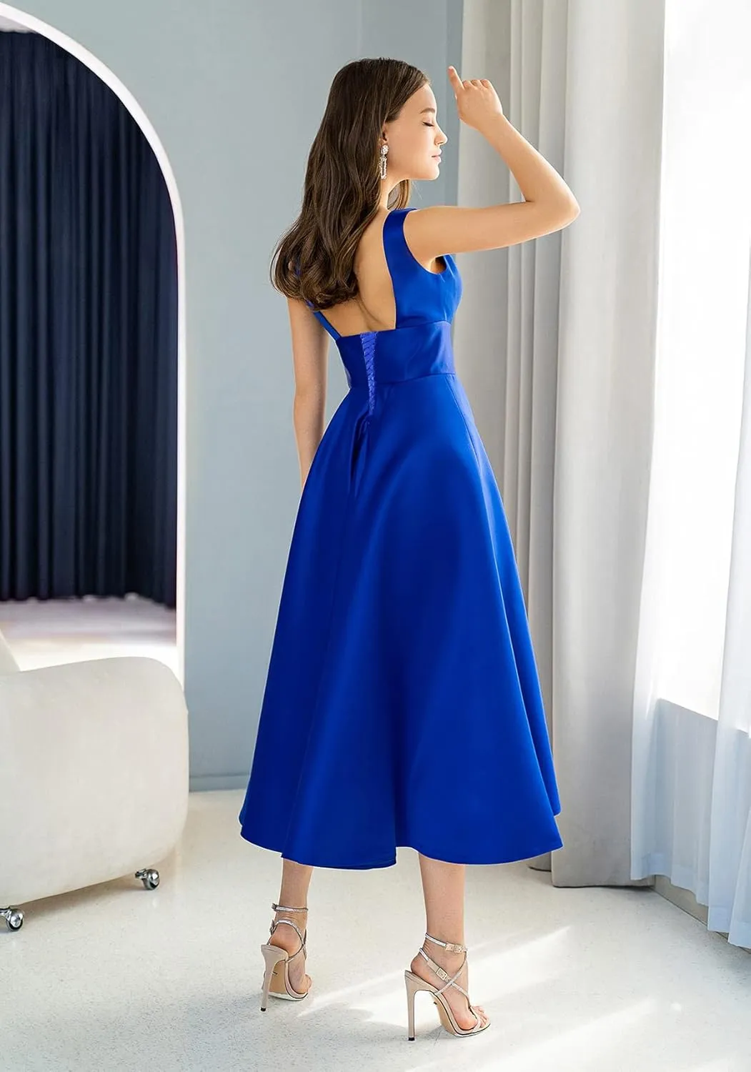 Women's Satin Bridesmaid Dresses Short Tea Length Formal Gowns V-Neck A-line Evening Dress with Pockets