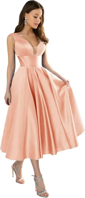 Women's Satin Bridesmaid Dresses Short Tea Length Formal Gowns V-Neck A-line Evening Dress with Pockets
