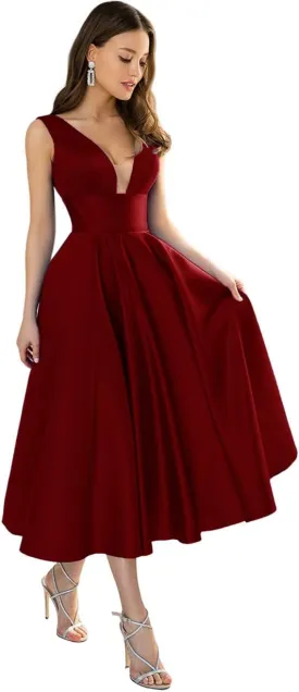Women's Satin Bridesmaid Dresses Short Tea Length Formal Gowns V-Neck A-line Evening Dress with Pockets