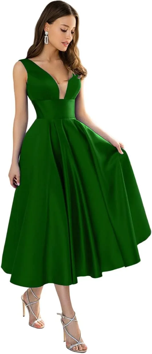 Women's Satin Bridesmaid Dresses Short Tea Length Formal Gowns V-Neck A-line Evening Dress with Pockets