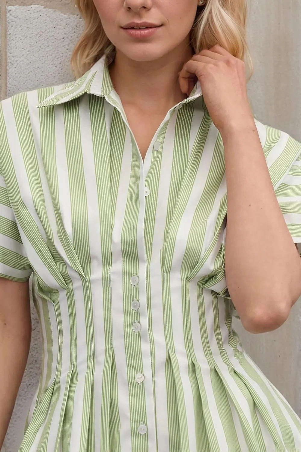 Womens Summer Short Sleeve Button Front Pleated Shirt Dress Collar V Neck Striped Casual Y2k Swing Short Mini Dress