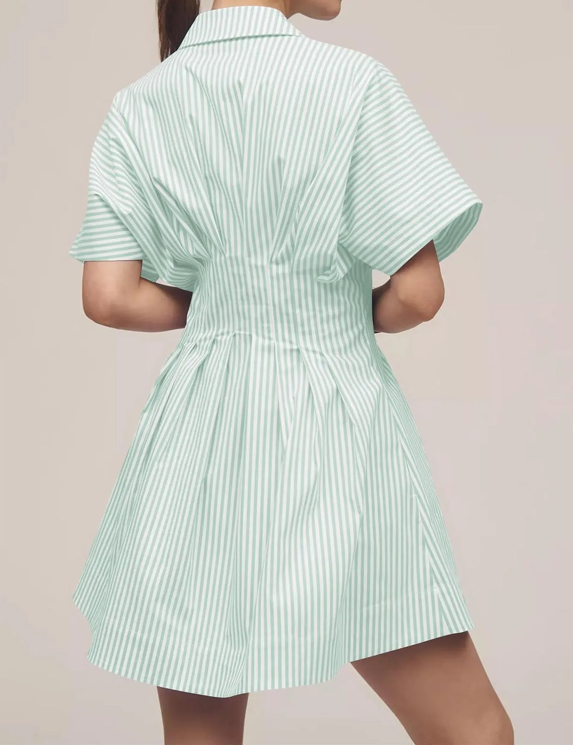 Womens Summer Short Sleeve Button Front Pleated Shirt Dress Collar V Neck Striped Casual Y2k Swing Short Mini Dress