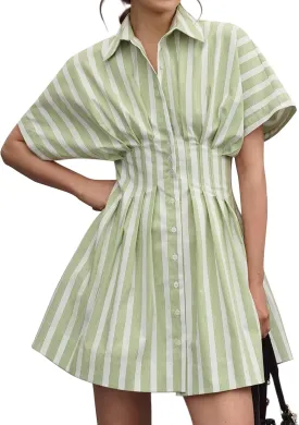 Womens Summer Short Sleeve Button Front Pleated Shirt Dress Collar V Neck Striped Casual Y2k Swing Short Mini Dress