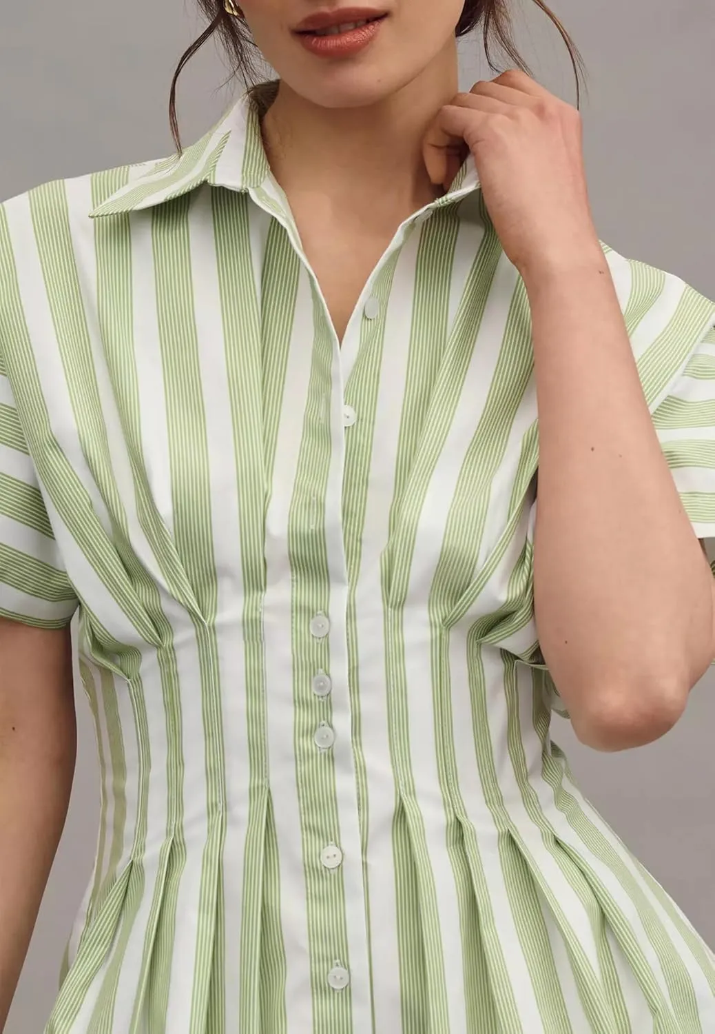 Womens Summer Short Sleeve Button Front Pleated Shirt Dress Collar V Neck Striped Casual Y2k Swing Short Mini Dress