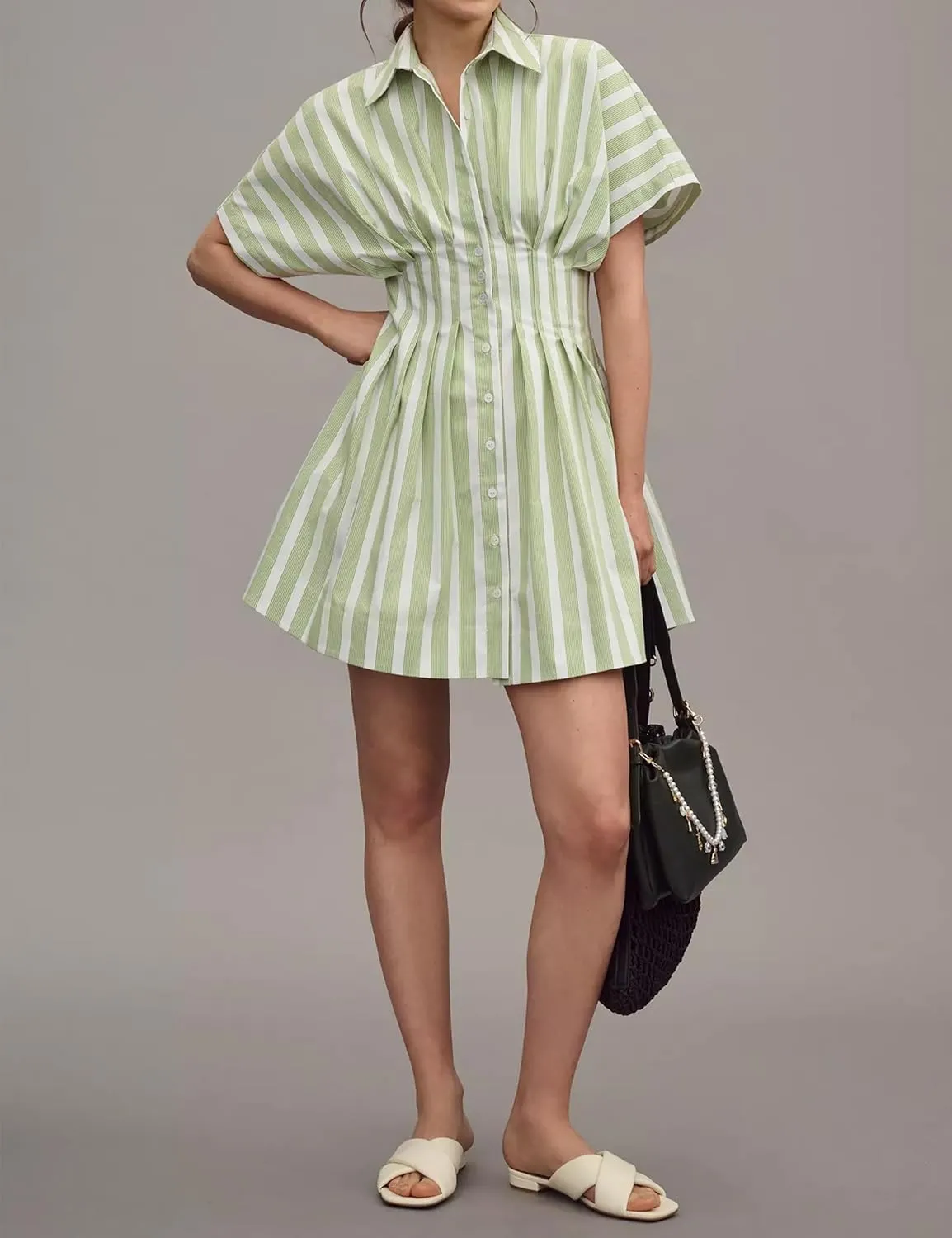 Womens Summer Short Sleeve Button Front Pleated Shirt Dress Collar V Neck Striped Casual Y2k Swing Short Mini Dress