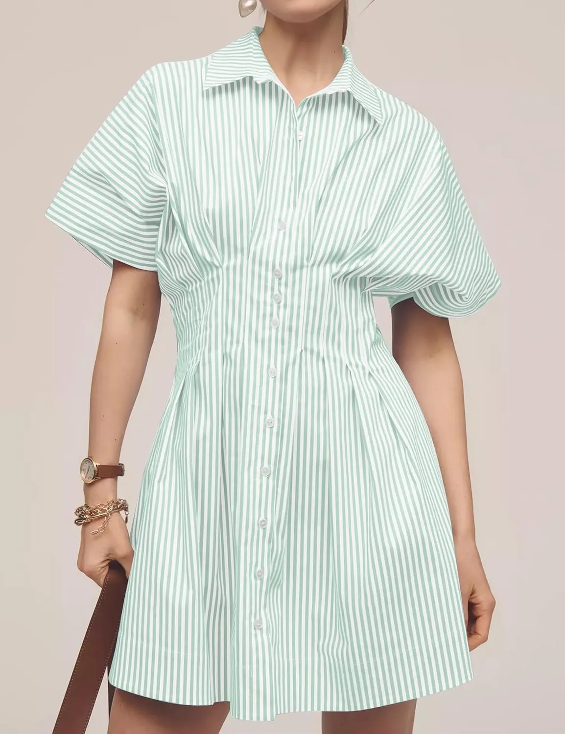 Womens Summer Short Sleeve Button Front Pleated Shirt Dress Collar V Neck Striped Casual Y2k Swing Short Mini Dress