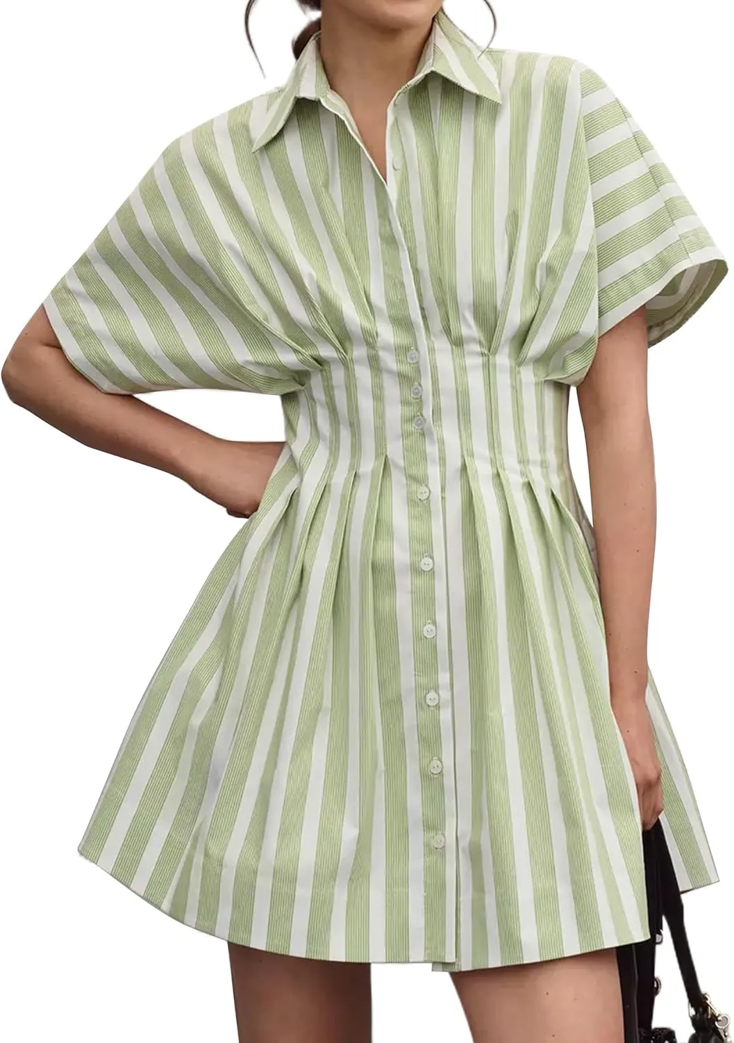 Womens Summer Short Sleeve Button Front Pleated Shirt Dress Collar V Neck Striped Casual Y2k Swing Short Mini Dress
