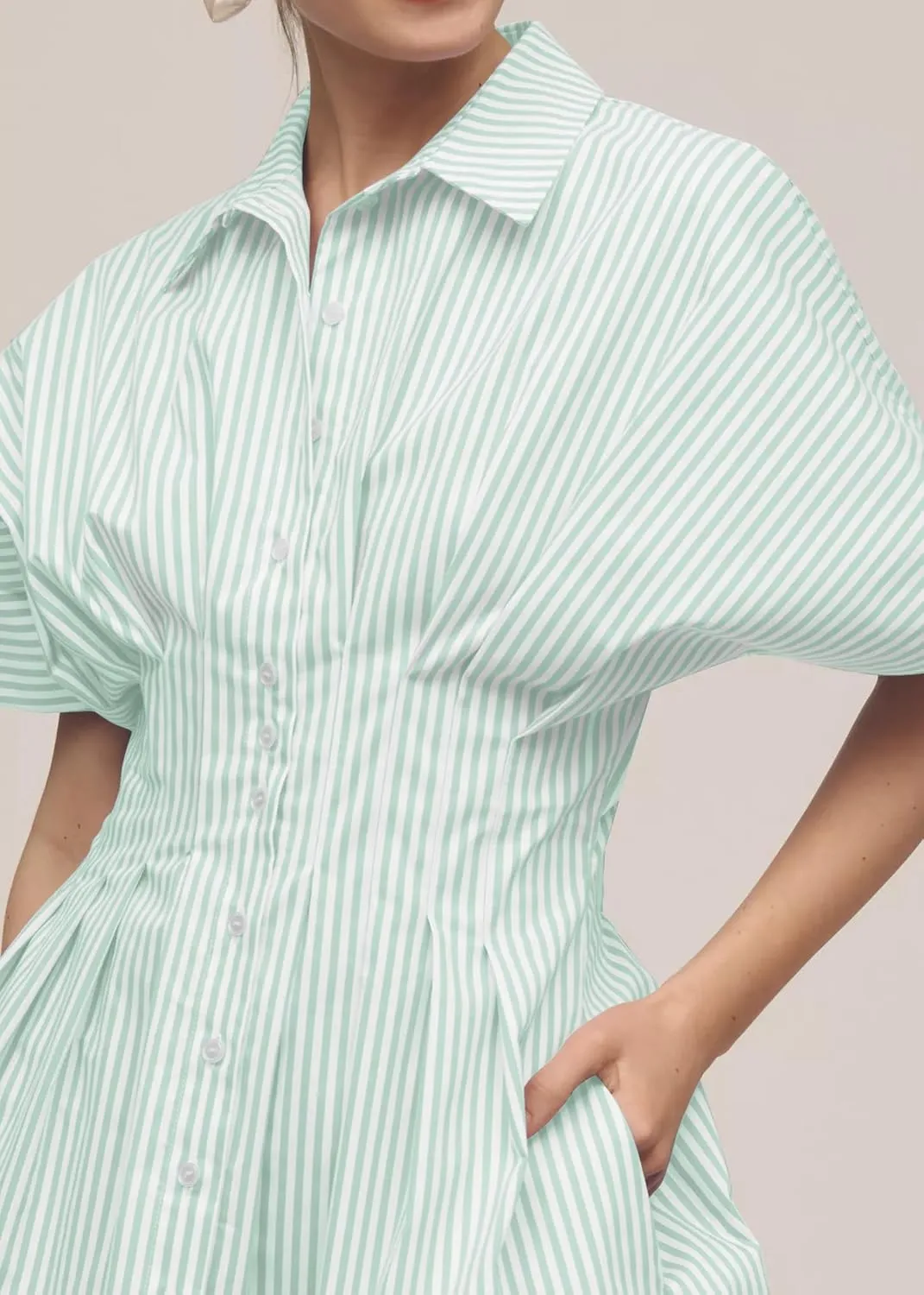 Womens Summer Short Sleeve Button Front Pleated Shirt Dress Collar V Neck Striped Casual Y2k Swing Short Mini Dress