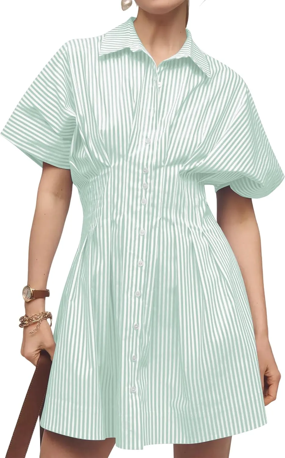 Womens Summer Short Sleeve Button Front Pleated Shirt Dress Collar V Neck Striped Casual Y2k Swing Short Mini Dress