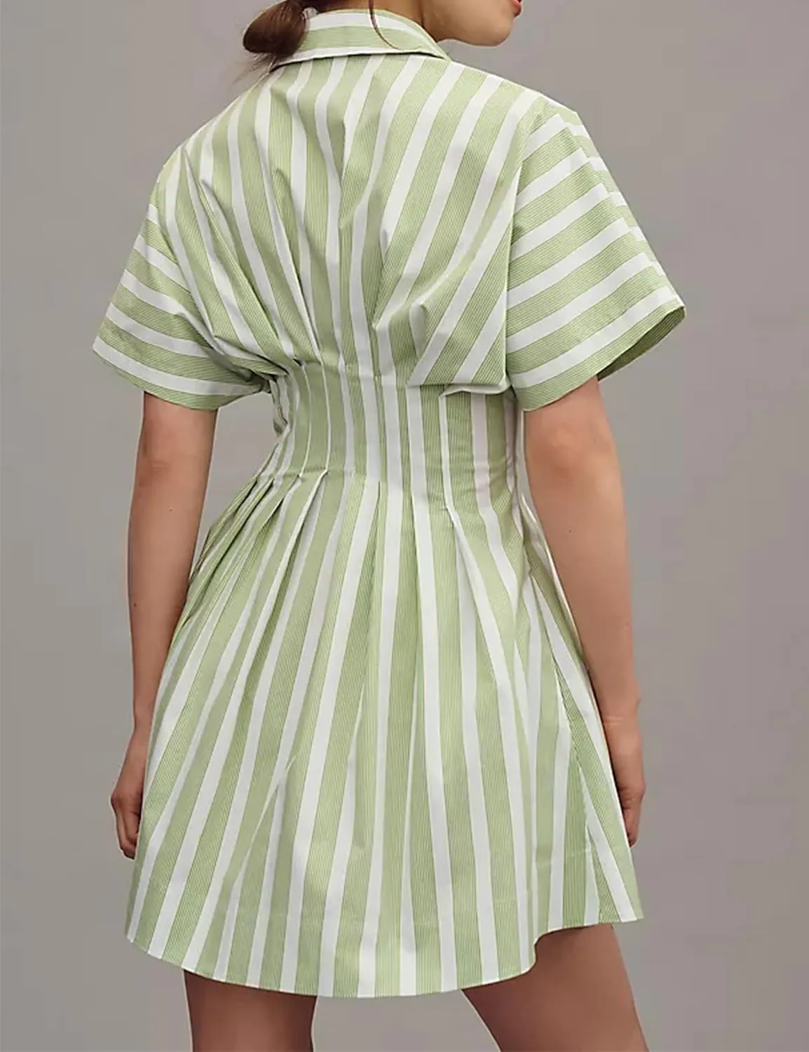 Womens Summer Short Sleeve Button Front Pleated Shirt Dress Collar V Neck Striped Casual Y2k Swing Short Mini Dress