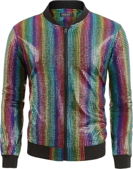 WULFUL Men's 70s Disco Costume Party Sequin Metallic Varsity Bomber Jacket