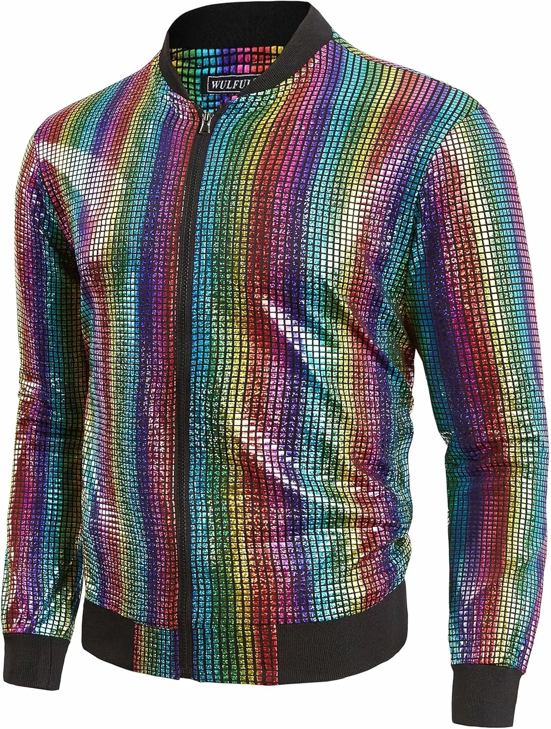 WULFUL Men's 70s Disco Costume Party Sequin Metallic Varsity Bomber Jacket