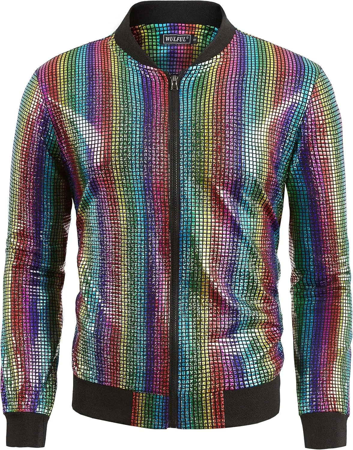 WULFUL Men's 70s Disco Costume Party Sequin Metallic Varsity Bomber Jacket