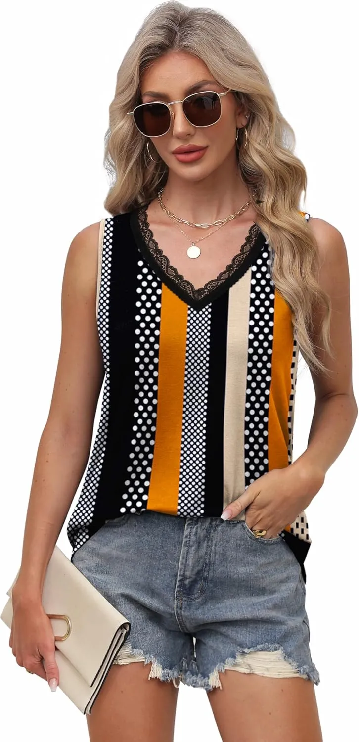 XIEERDUO Womens Lace V Neck Tank Tops Summer Spring Sleeveless Shirts Casual Flowy Clothes Trendy Outfits (S-3XL)