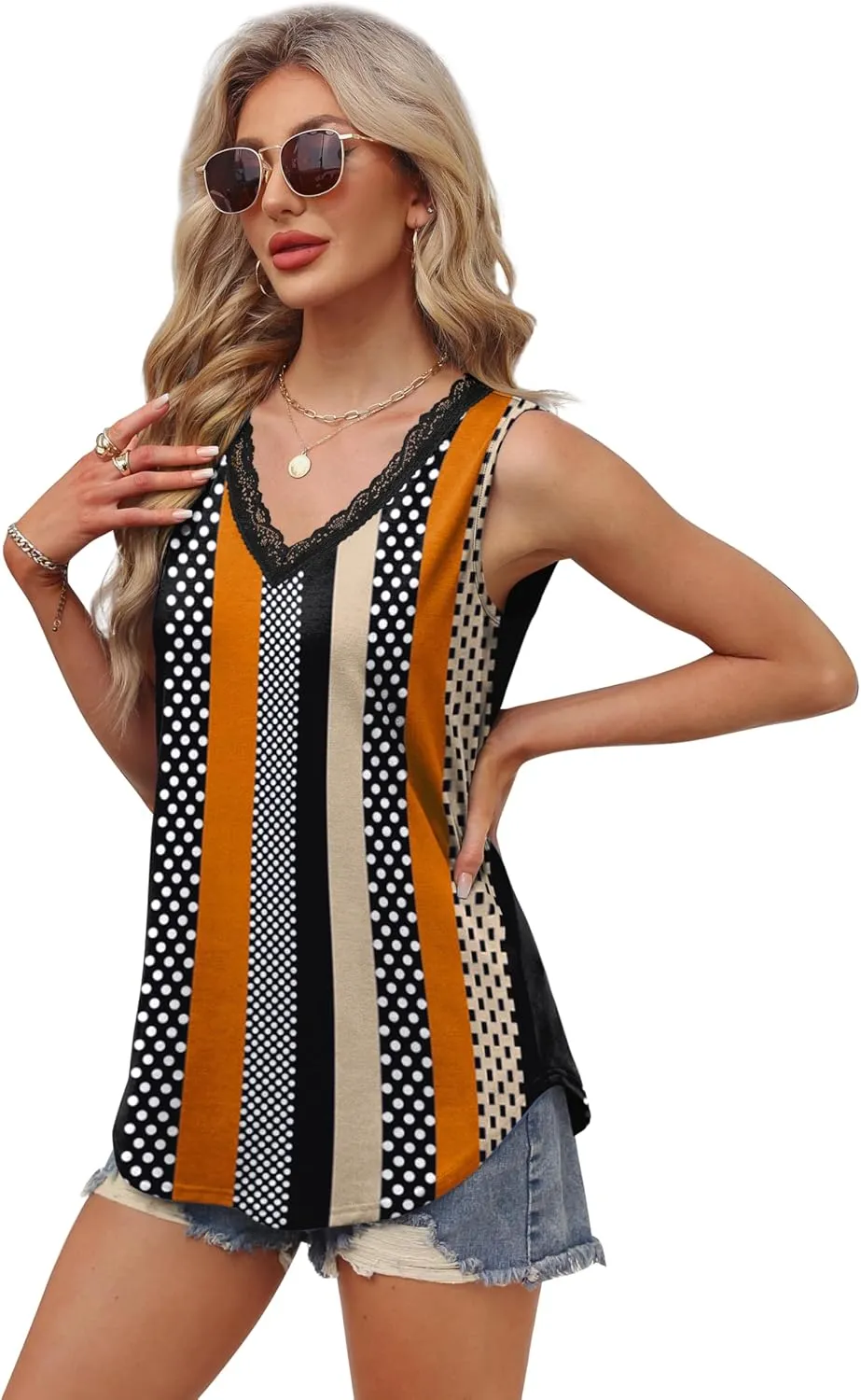 XIEERDUO Womens Lace V Neck Tank Tops Summer Spring Sleeveless Shirts Casual Flowy Clothes Trendy Outfits (S-3XL)